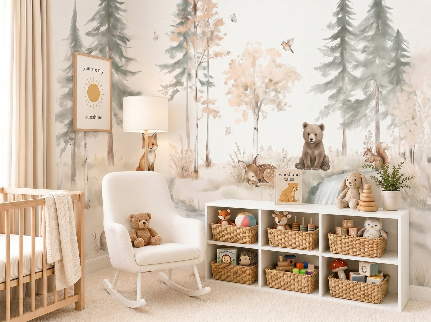 Neutral Woodland Nursery Mural – Forest Animals Wallpaper for Baby & Kids Room