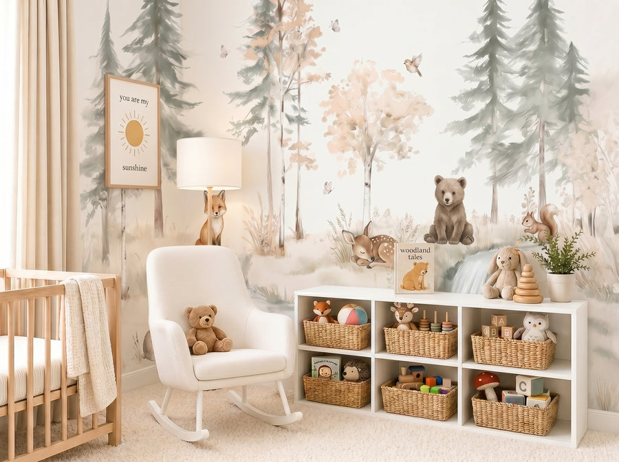 Neutral Woodland Nursery Mural – Forest Animals Wallpaper for Baby & Kids Room