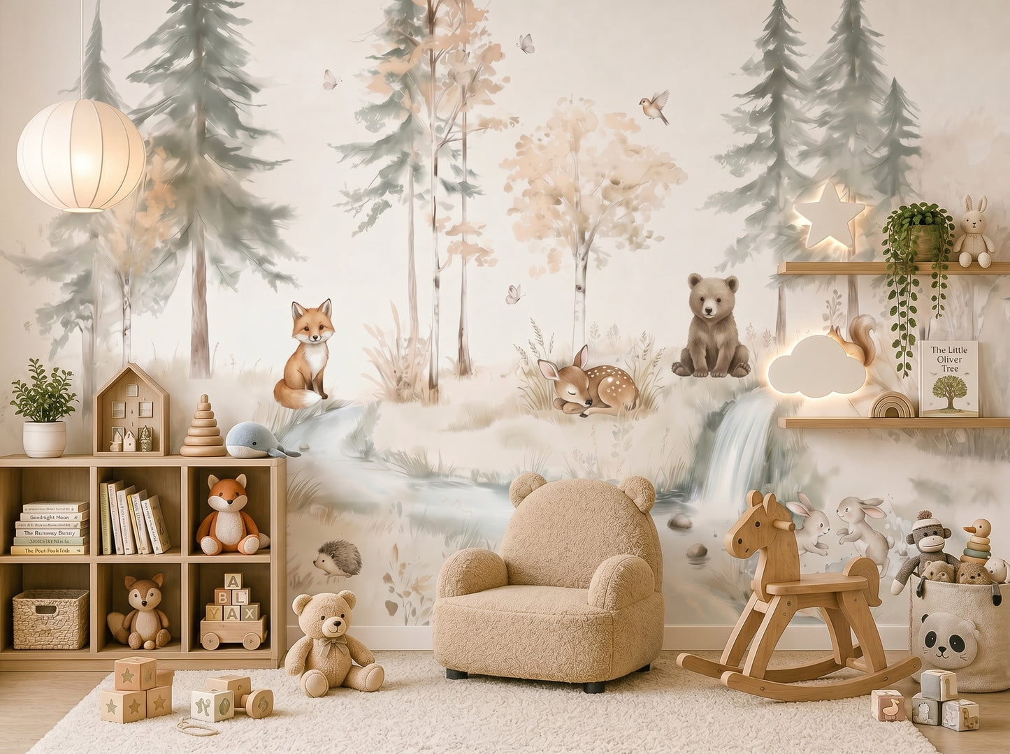 Neutral Woodland Nursery Mural – Forest Animals Wallpaper for Baby & Kids Room