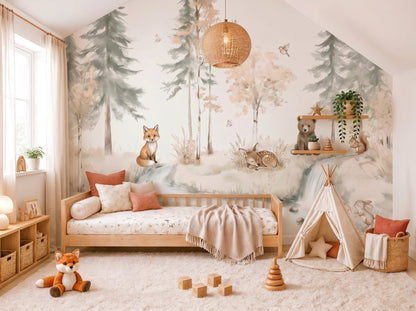 Neutral Woodland Nursery Mural – Forest Animals Wallpaper for Baby & Kids Room