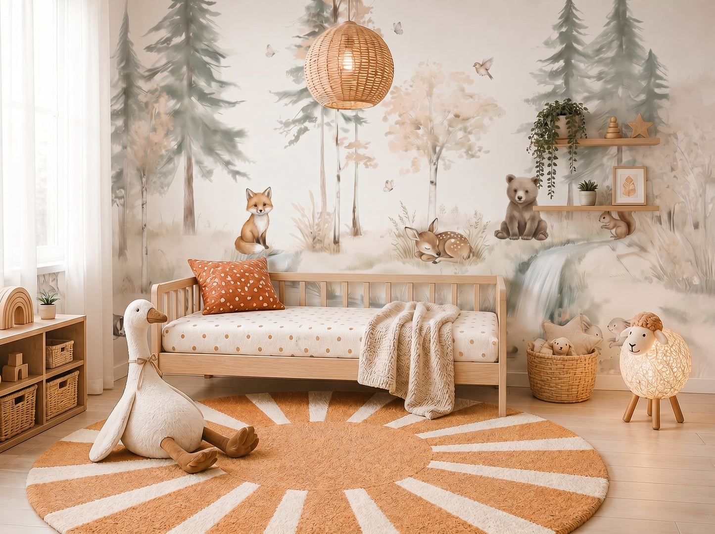Neutral Woodland Nursery Mural – Forest Animals Wallpaper for Baby & Kids Room