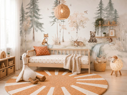 Neutral Woodland Nursery Mural – Forest Animals Wallpaper for Baby & Kids Room