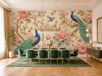Dining room with peacock and floral wall mural, green chairs, and a table.