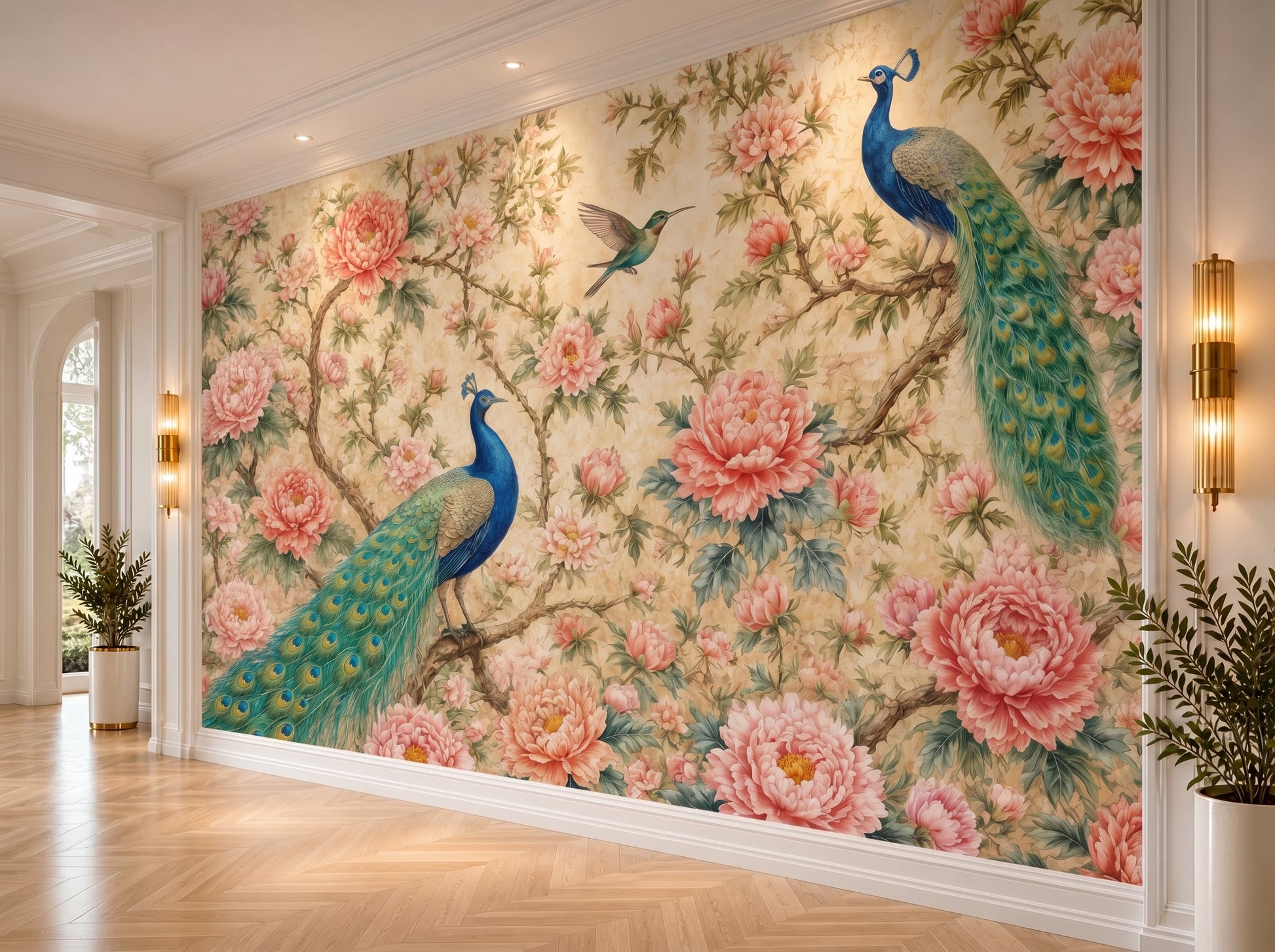 Chinoiserie Peacock & Peony Mural Wallpaper