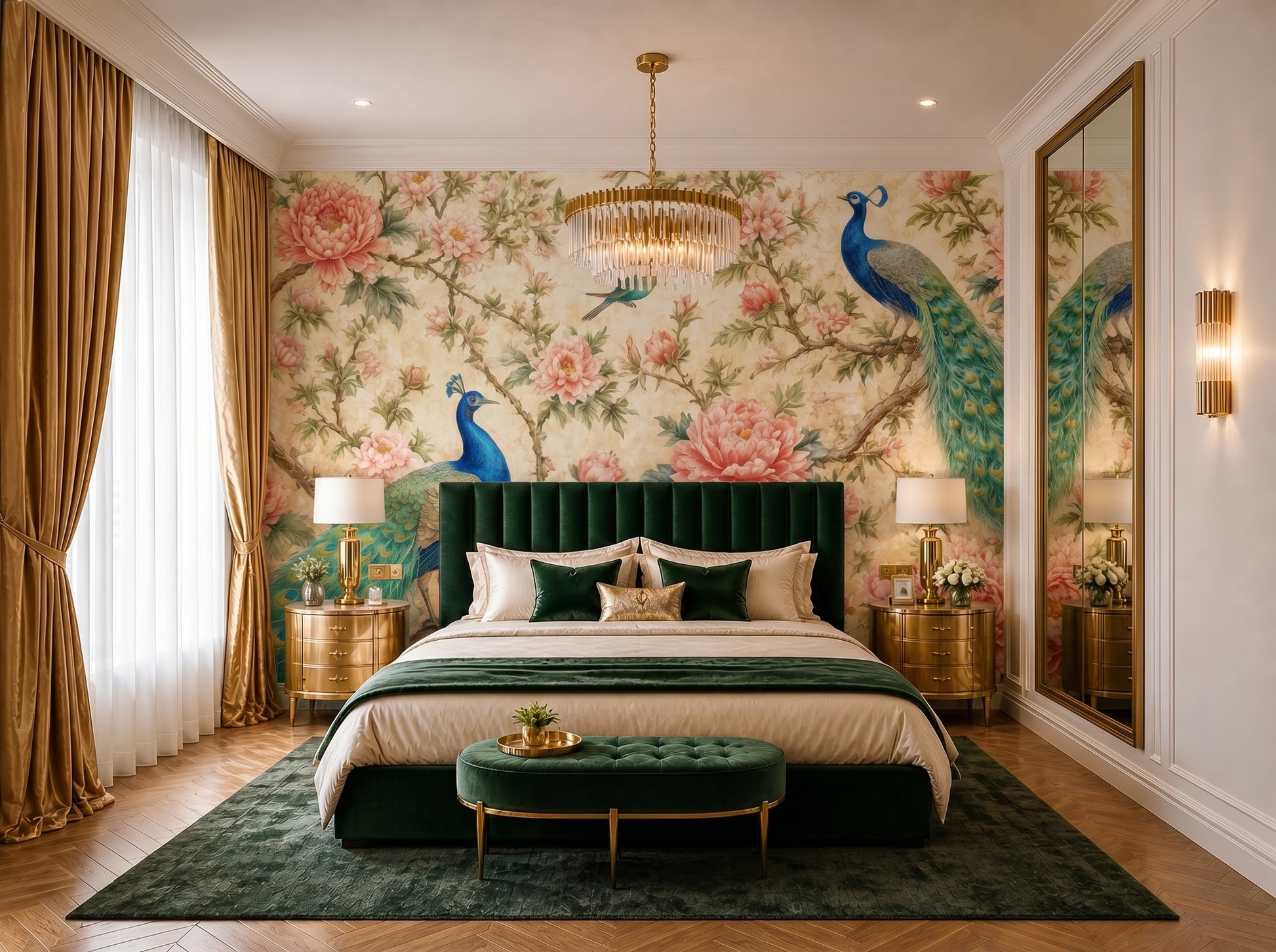 Chinoiserie Peacock & Peony Mural Wallpaper