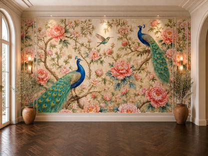 Wallpaper with peacocks and flowers in a room with wooden floor and arched windows.