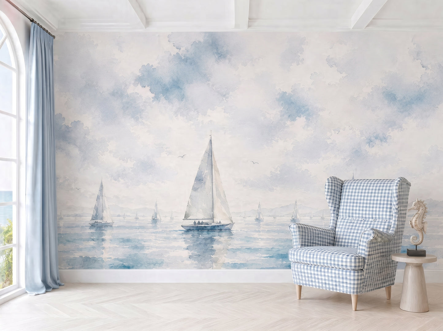 Panoramic watercolor sailboat wall mural in soft blue tones