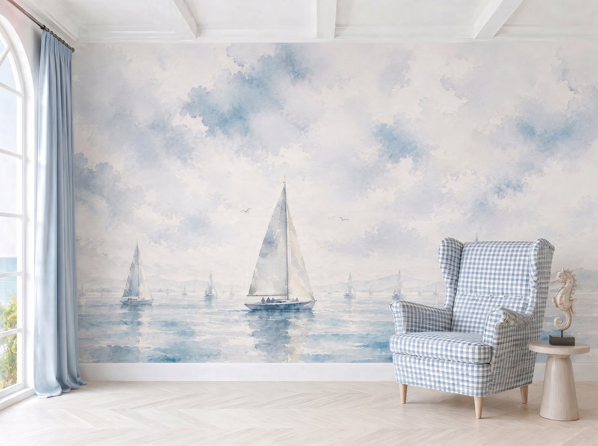 Panoramic watercolor sailboat wall mural in soft blue tones