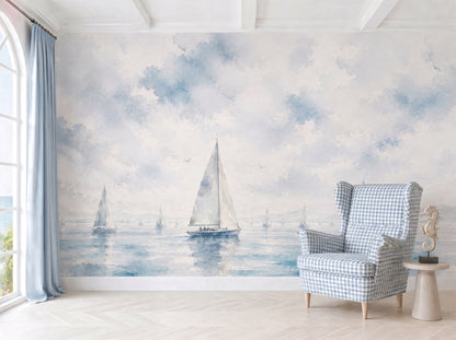 Panoramic watercolor sailboat wall mural in soft blue tones