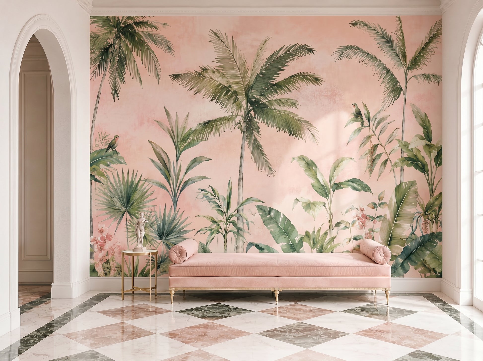 Blush pink tropical palm tree wallpaper mural with watercolor botanical leaves