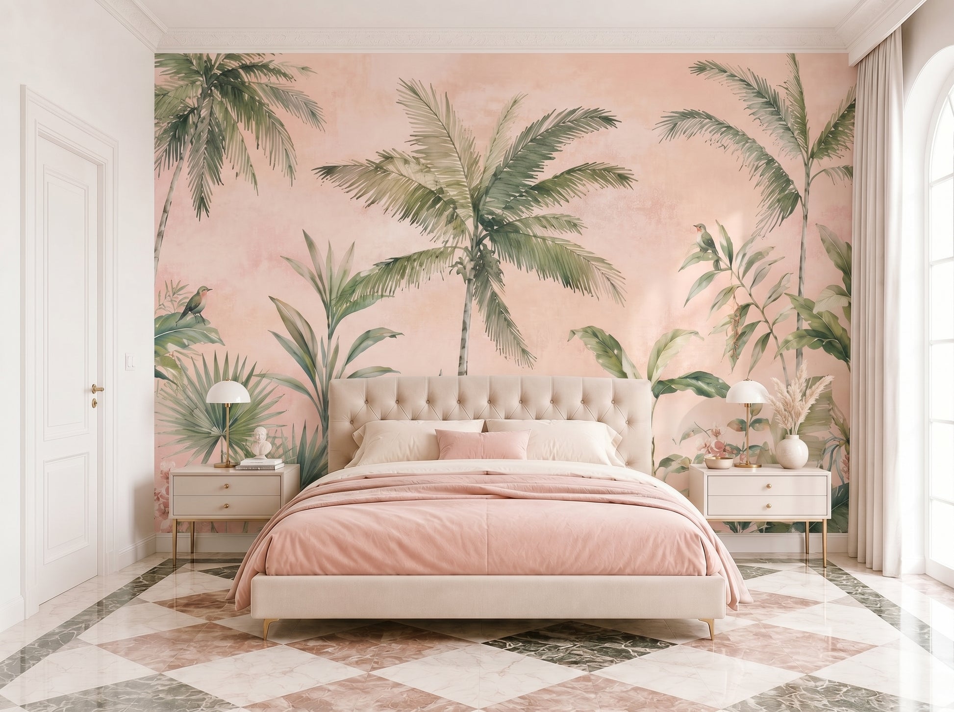 Modern tropical wall mural with watercolor palms and exotic leaves