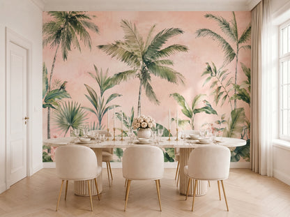 Pink tropical peel and stick wallpaper mural for modern coastal interiors