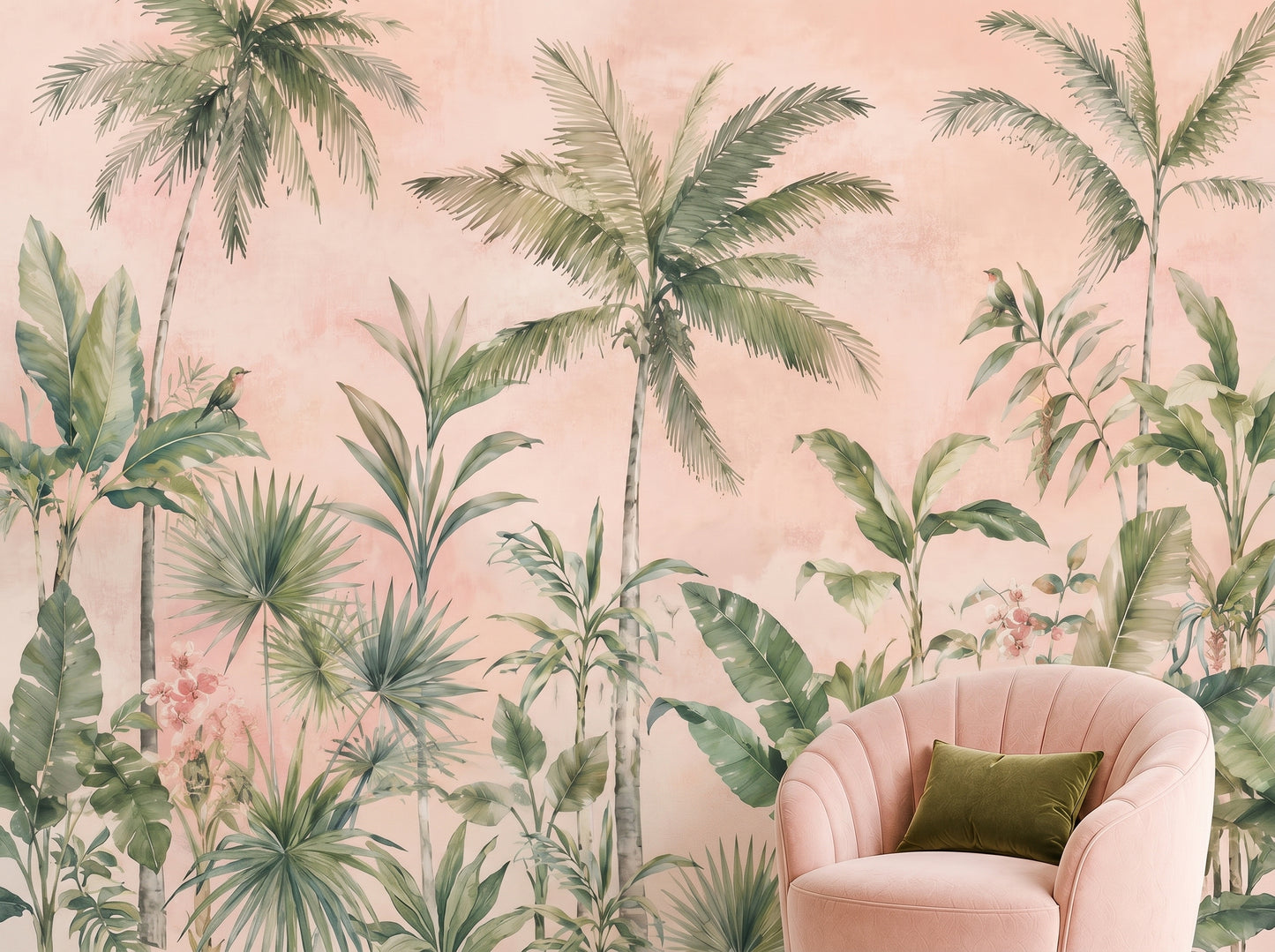 Botanical palm tree mural wallpaper in blush pink watercolor style