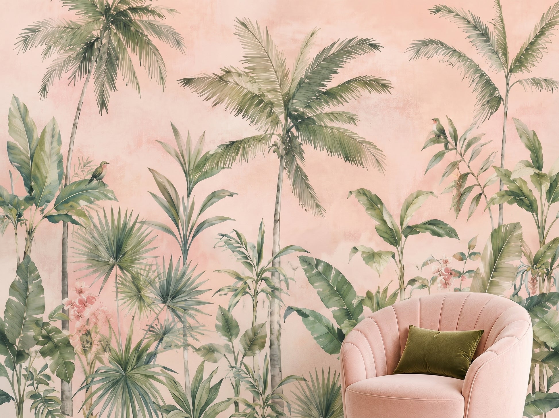 Botanical palm tree mural wallpaper in blush pink watercolor style