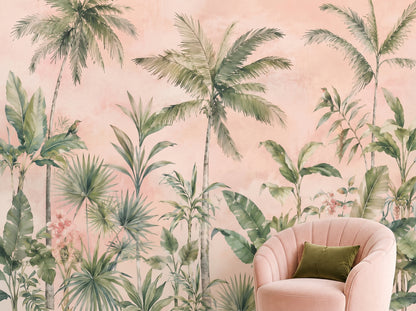 Botanical palm tree mural wallpaper in blush pink watercolor style