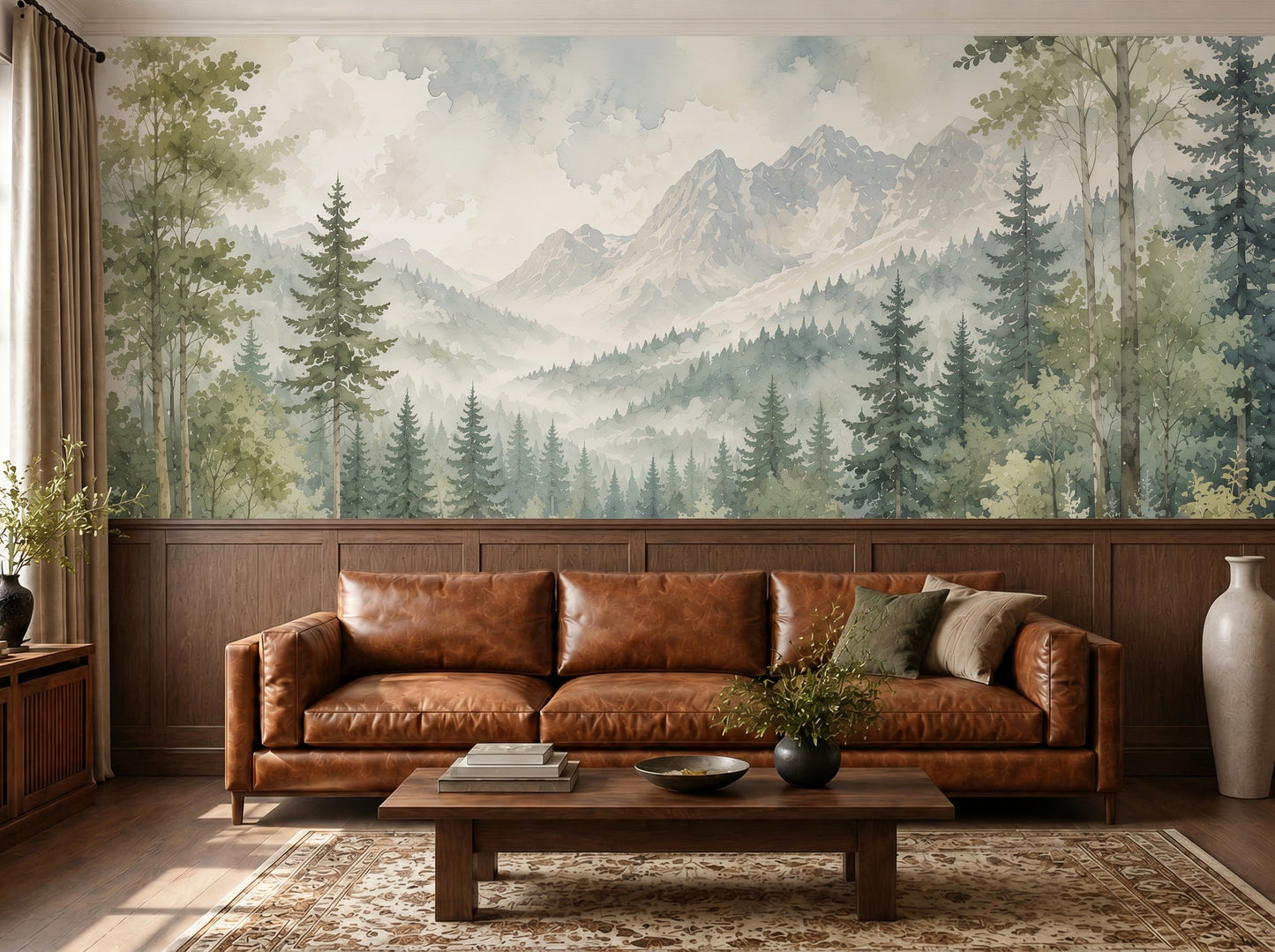 Watercolor misty forest wallpaper mural with pine trees, mountains, and river in soft sage green and neutral tones