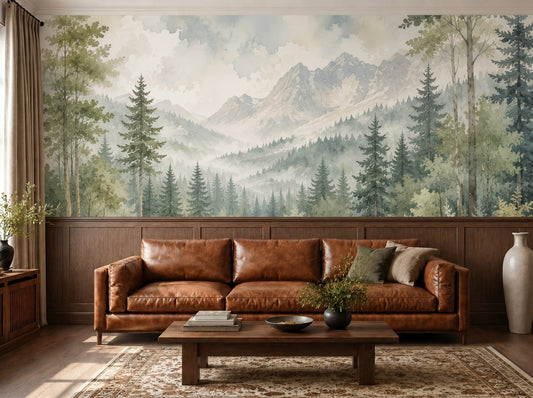 Watercolor misty forest wallpaper mural with pine trees, mountains, and river in soft sage green and neutral tones
