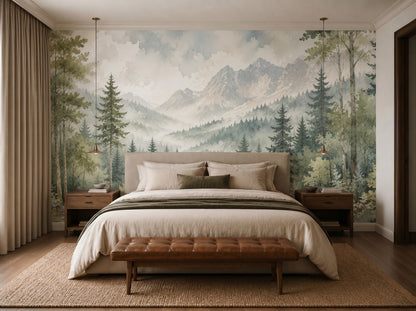 Neutral watercolor forest and mountain mural wallpaper for bedroom, nursery, or living room accent wall