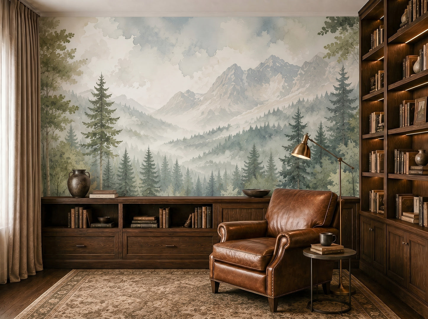 Neutral watercolor forest and mountain mural wallpaper for bedroom, nursery, or living room accent wall