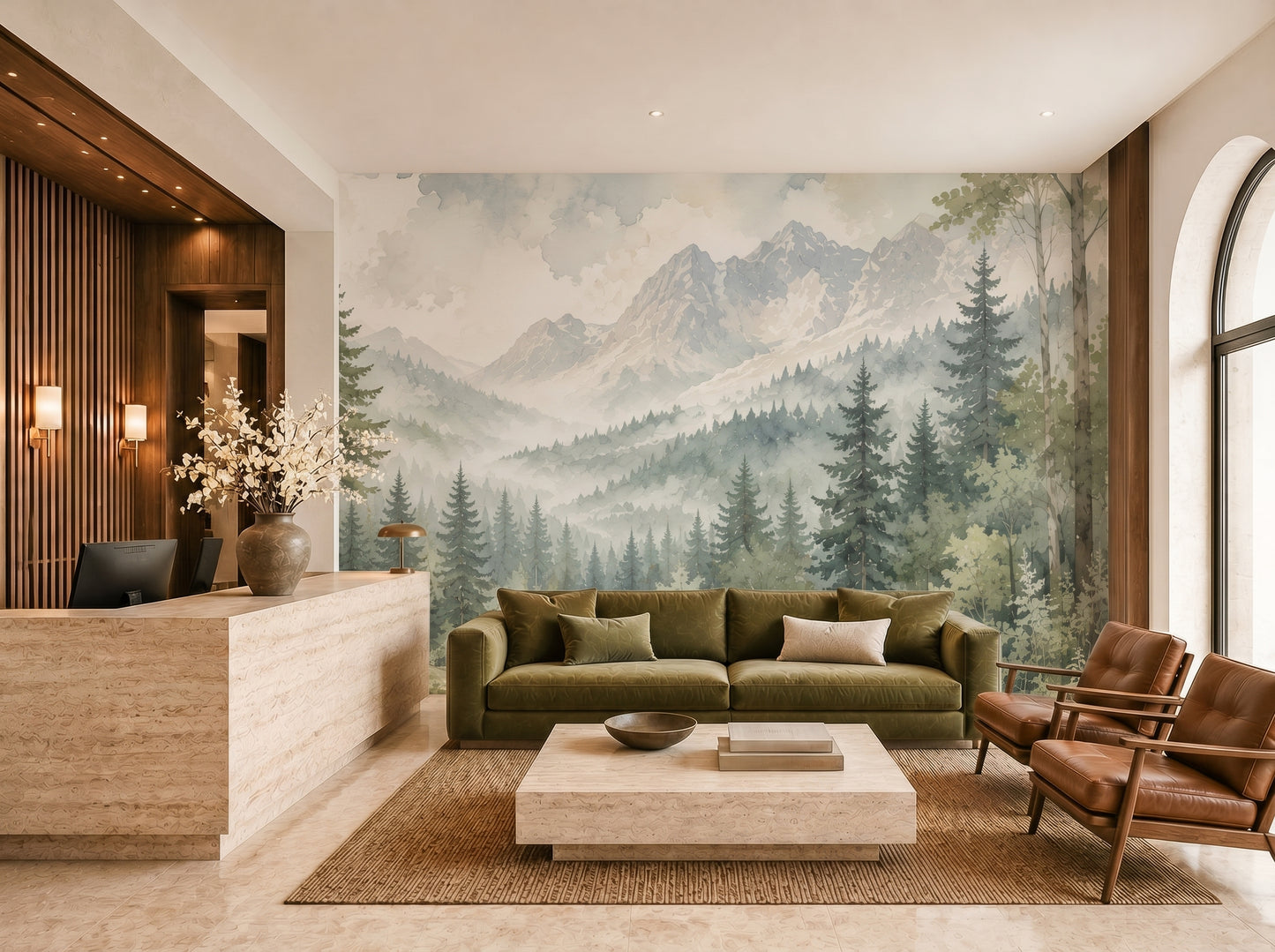 Panoramic woodland wallpaper mural with misty pine forest and mountain landscape in soft muted colors
