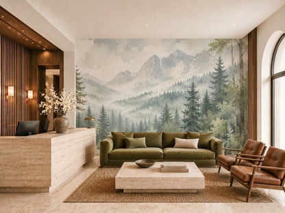 Panoramic woodland wallpaper mural with misty pine forest and mountain landscape in soft muted colors