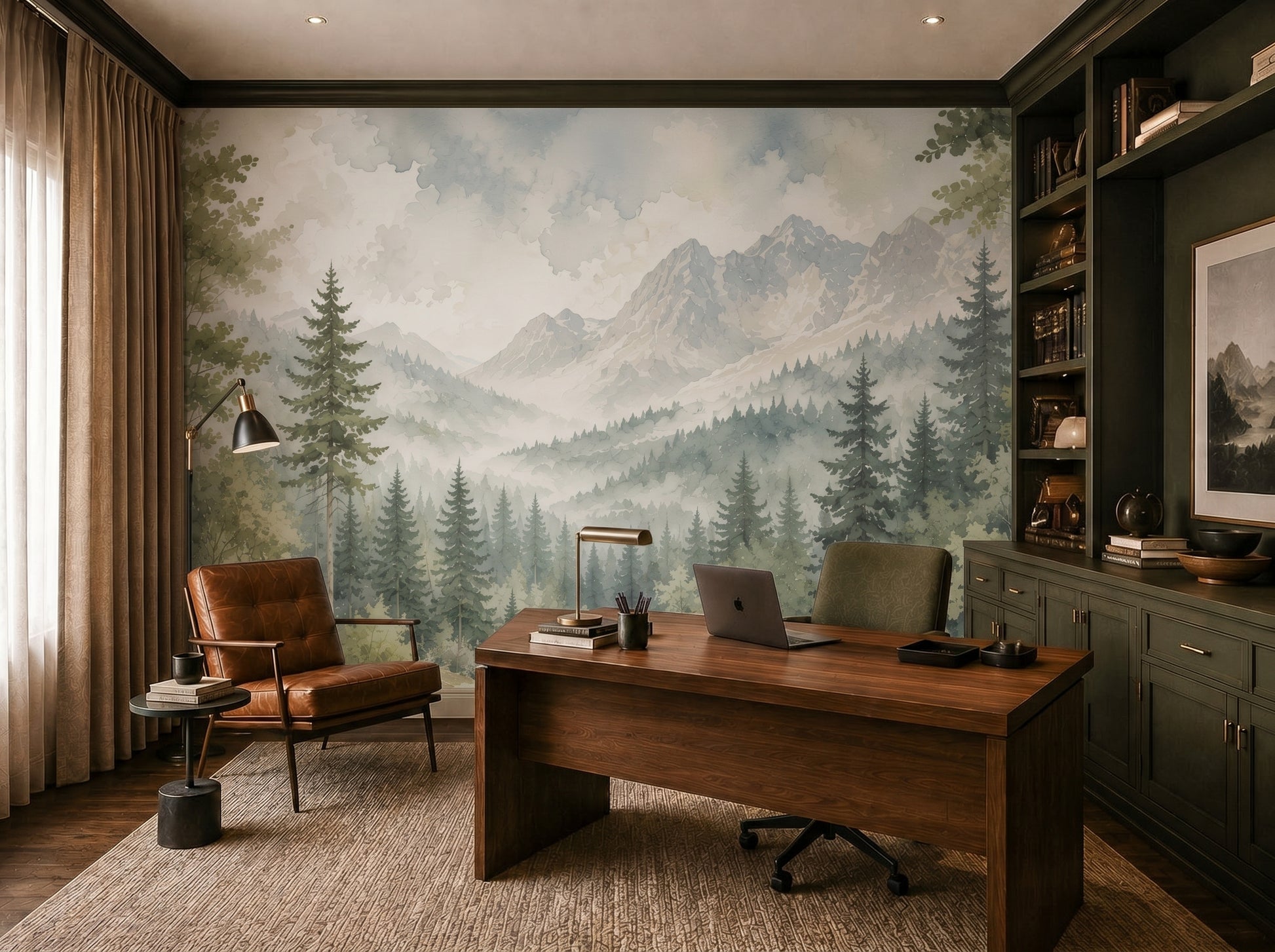 Luxury nature wall mural with watercolor trees, mountain peaks, and calming forest river landscape
