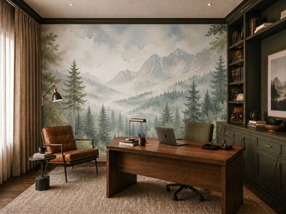 Luxury nature wall mural with watercolor trees, mountain peaks, and calming forest river landscape